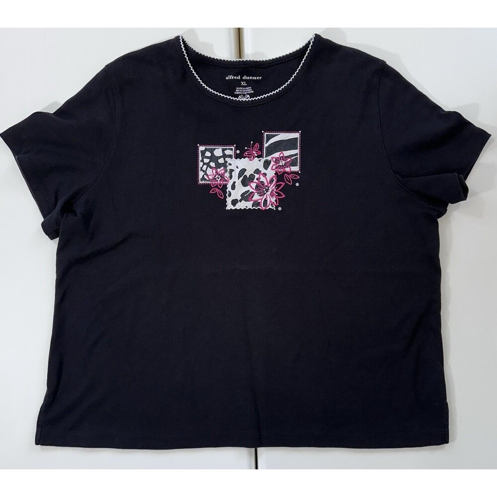 Alfred Dunner XL Black Cow Print Floral Applique Short Sleeve Casual Top